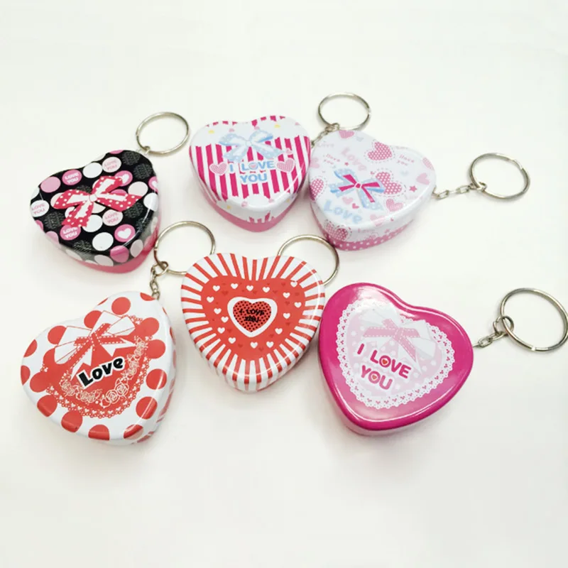 

1pc Portable Love heart shape MiNi iron box Key ring xylitol storage tin box wedding seal Jewelry Pill Cases organizer container