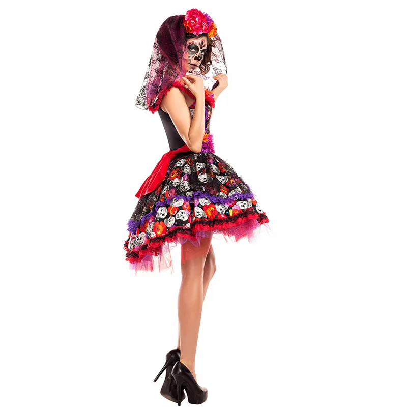 Women Halloween Sexy Creative Skull Ghost Corpse Bride Costume Skeleton Day of The Dead Costume Cosplay Flower Fairy Fancy Dress