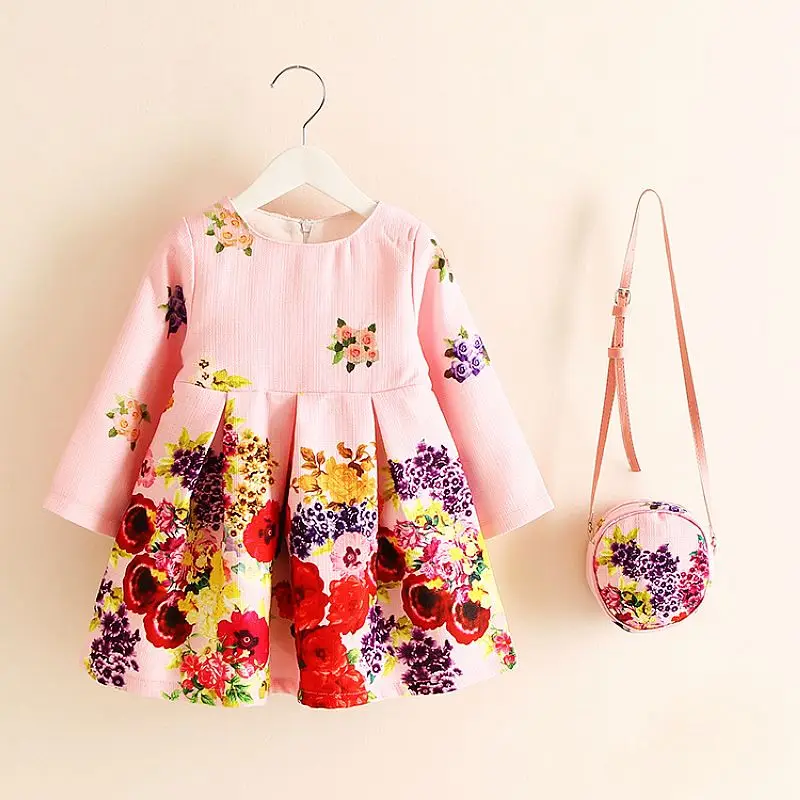 Long Sleeve Dress Girl Christmas Dress 2021 Autumn Winter Floral Print Toddler Girl Dresses Kids Clothes Children Dress with Bag cute baby dresses Dresses