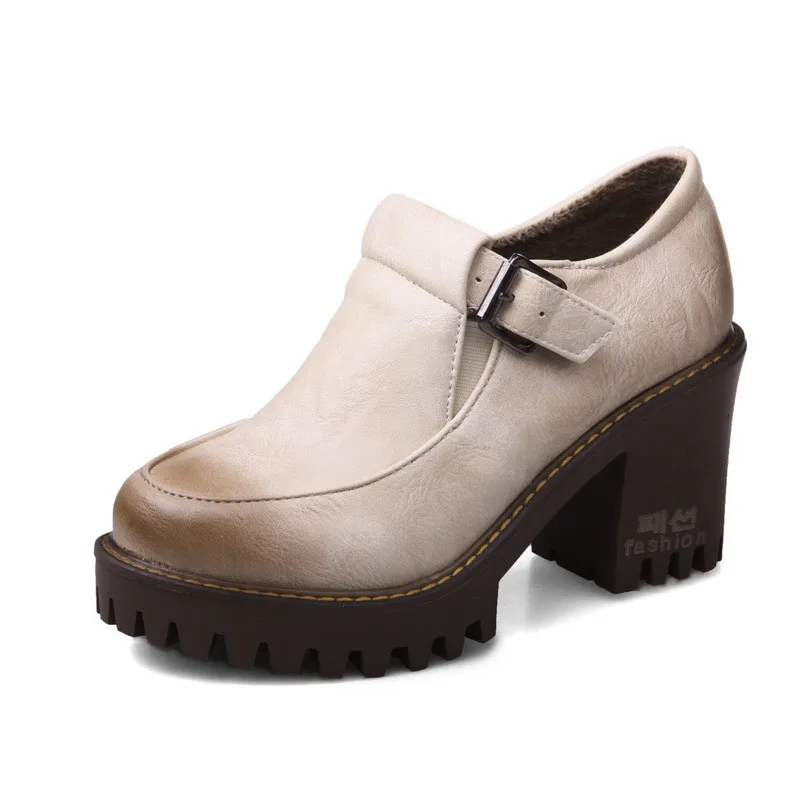 Gdgydh/Новинка года; Весенняя женская обувь на платформе; тонкие туфли в британском стиле; женские туфли-лодочки с круглым носком на квадратном каблуке; большие размеры - Цвет: beige