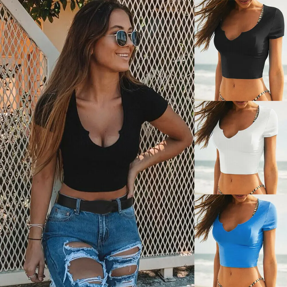 

Brand New Women Deep V Cut Neck Solid Blue Knitted Wrap Crop Top Ladies Female Slim Basic Fit Short Sleeve Short T Shirt Tops
