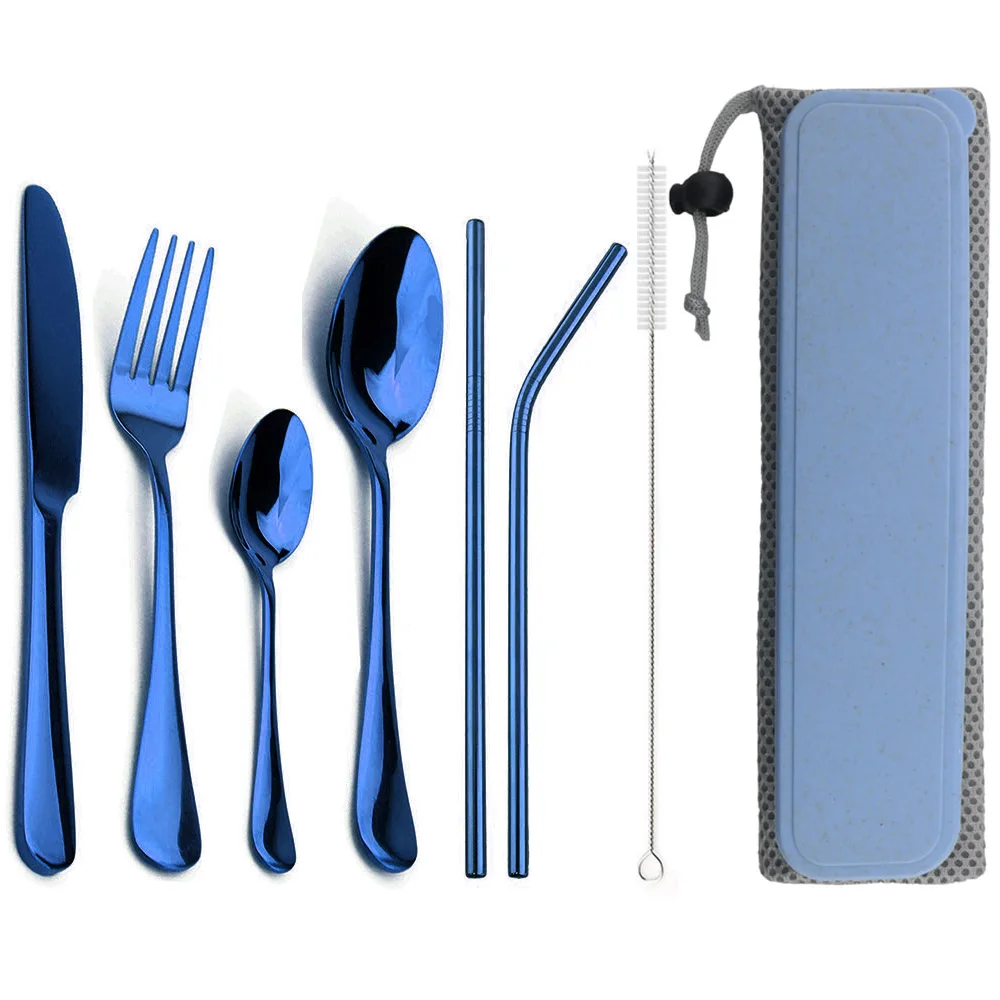 

Portable Dinnerware Set Knife Fork Spoon Metal Straw Cutlery Set Tableware With Box Bag For Travel Hiking Picnic Dinner Set