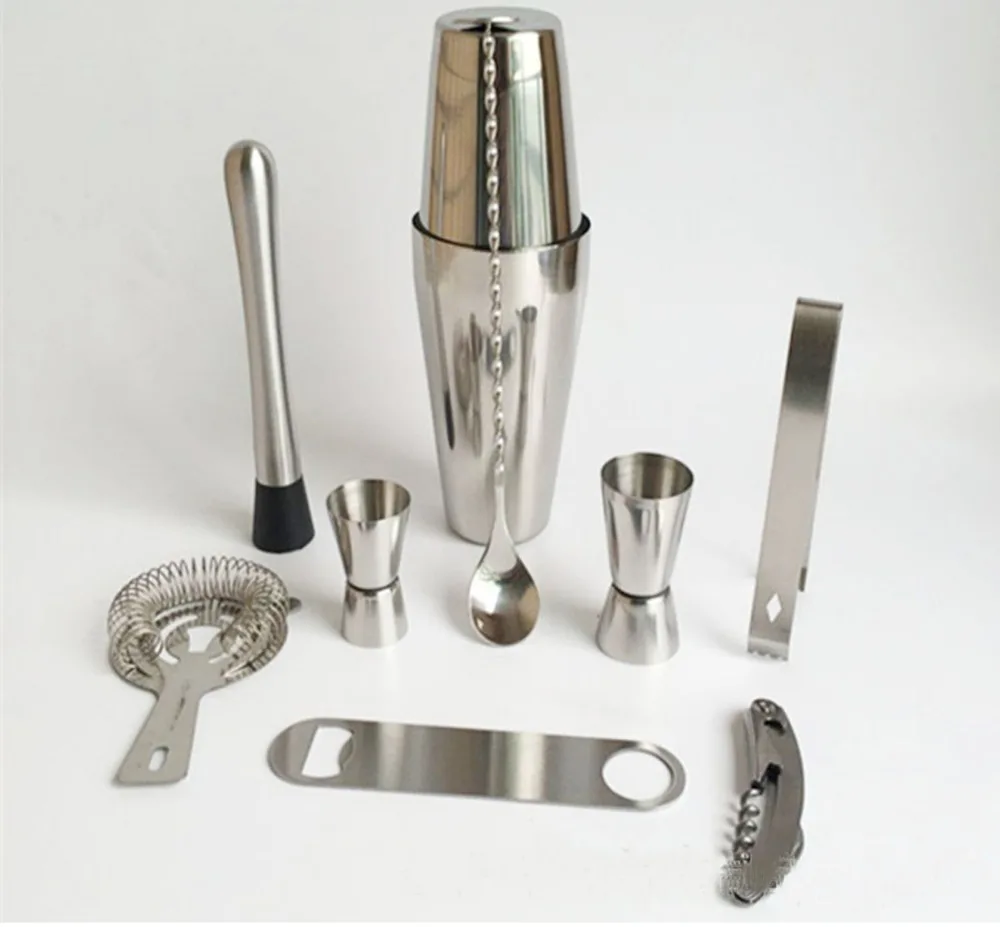 9Pcs Set 750 600ml Stainless Steel Cocktail Shaker Mixer Kit Bar