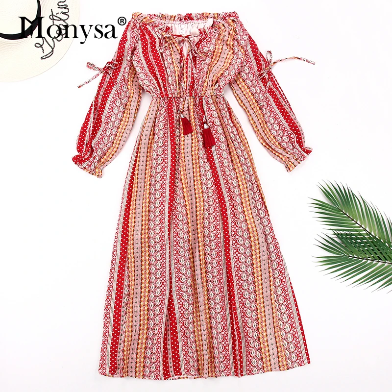 

Bohemian Off Shoulder Dresses Women Summer 2019 New Fashion Lace Up Long Sleeve Long Dress Ladies Chiffon Print Beach Maxi Dress