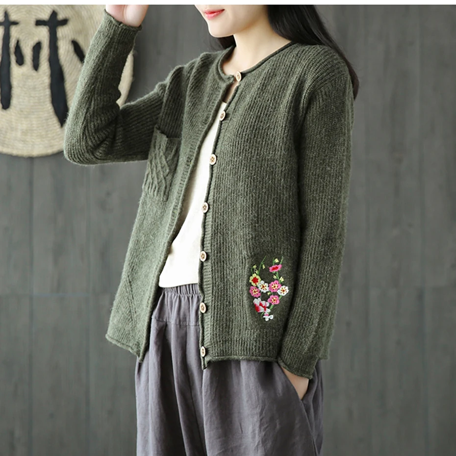 

Women Sweater Cardigan Knit Jacket Outwear Big Loose Embroidery Floral Retro Vintage Fashion Casual for Autumn AZ37262617