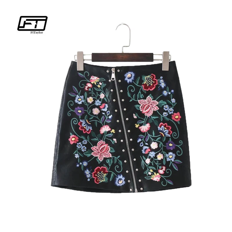 

Fitaylor Autumn Winter Women Pu Leather Skirt Fashion Sexy Slim Embroidery Rivet Zipper Mini Skirt