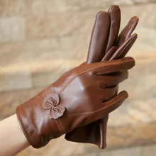 Female Genuine Leather Sheepskin Butterfly Knotl Gloves Women Winter Thin/Thick Plus Plush Cashmere Warm Bow Driving Gloves L74