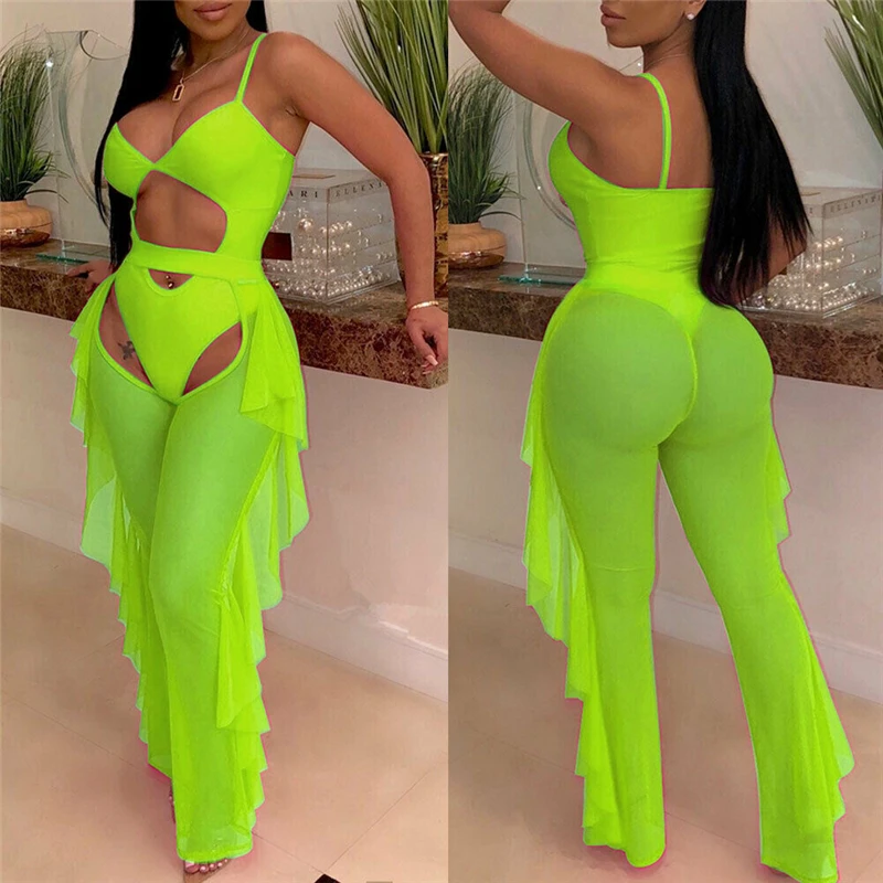 Women Sexy Mesh Bikini Cover up Sheer Bandage Cover Up hollow out Beach Pants See through Ruffles Ladies High waist Beachwear