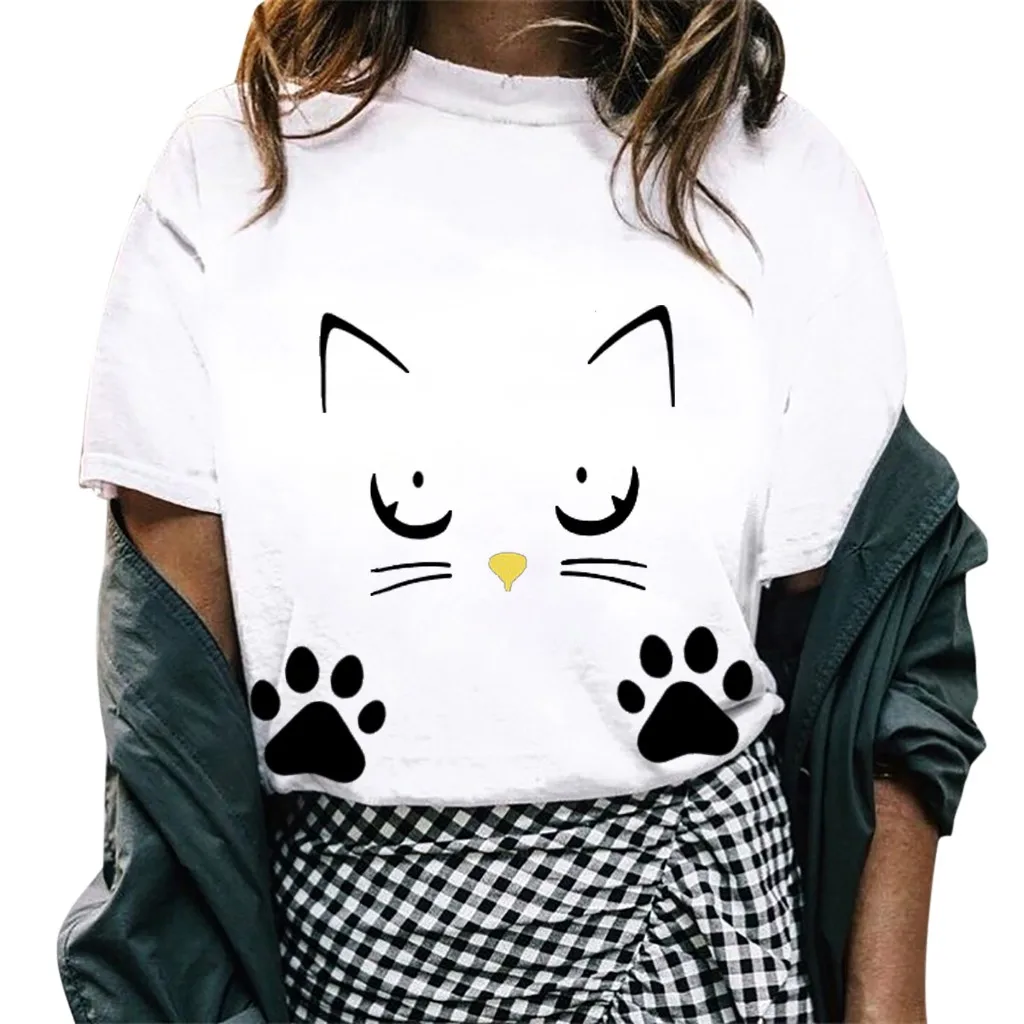 

4xl Plus Size Summer Elegant Women's T-shirts loose Kawaii japonais Tee Shirt Clothes 2019 tshirt Harajuku Cat Print Haut Femme