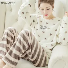Женские пижамные комплекты с милым мультяшным принтом, домашняя одежда для сна, полная длина, круглый вырез, зимние пижамы для женщин, мягкие, корейский стиль, женские