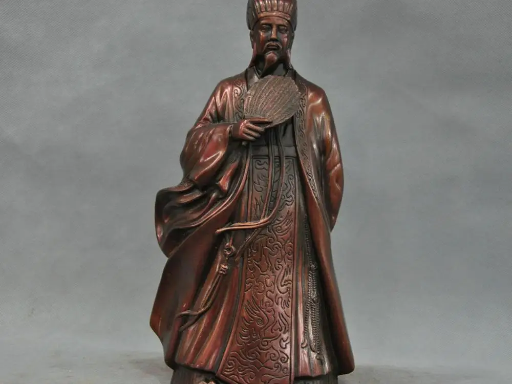 

12'' China Ancient Great Strategist Zhuge Liang Hold Fan Bronze Statue