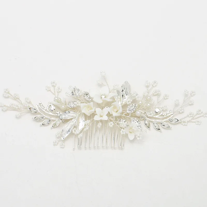 

SLBRIDAL Handmade Wired Rhinestones Crystals Pearls Flower Leaf Wedding Hair Comb Bridal Headpiece Hair Accessories Bridesmaids