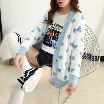 

4 Colors 2019 Autumn New Long Sleeve Women Sweater Loose Oversized Cardigan Harajuku Kawaii Heart Sweaters Knit Tops Female