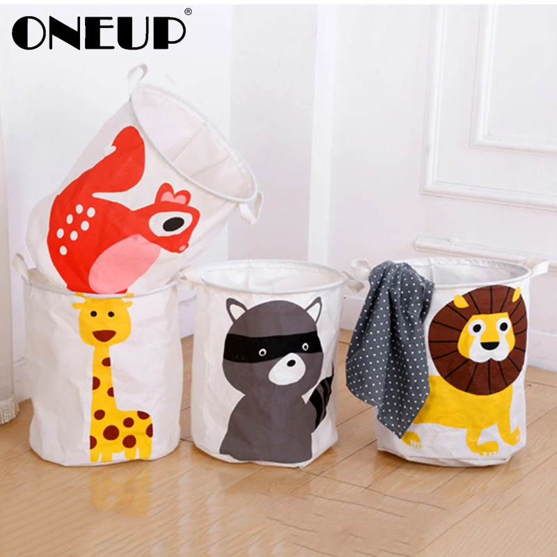 

ONEUP Foldable cartoon laundry basket animal laundry bag Cotton Linen Fabric kids Toy Large Storage organizer Baskets Hamper