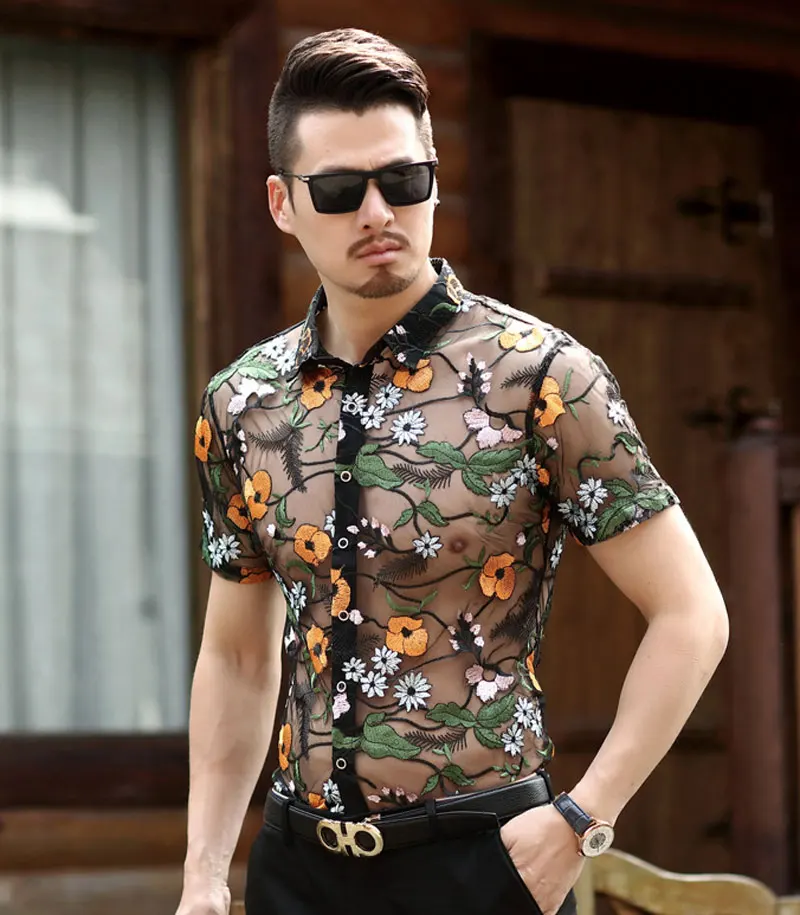 Цветочная кружевная рубашка для мужчин, роскошная мужская прозрачная рубашка с вышивкой, Клубная вечеринка, выпускной вечер, сексуальная деловая рубашка, сорочка для мужчин - Цвет: As Picture