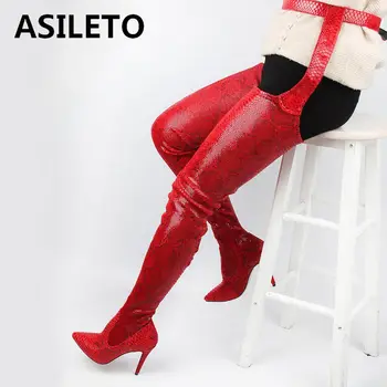 

ASILETO Over knee Waist high boots Extreme Long Buckle Snake print Pointed toe stiletto Thin high heels Zipper Spring Party E093