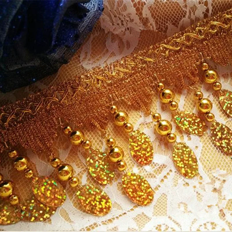 

9cm Width Fringe Golden and Silver Sequined lace ribbon trim tassel trim