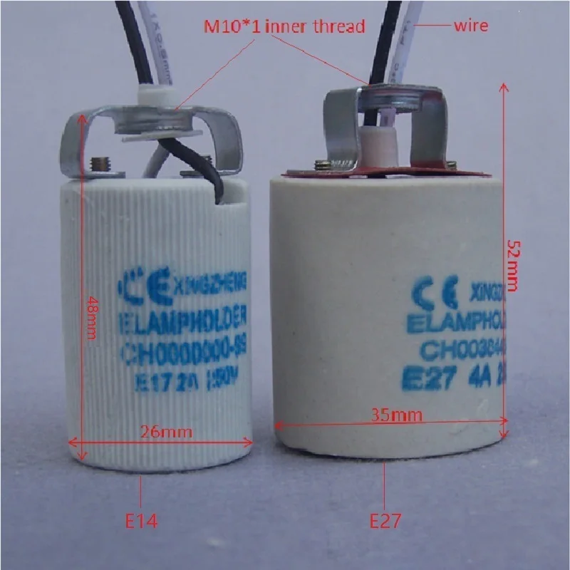 10 шт./лот CE Сертификация E14/E27 керамический держатель для лампы цоколь лампы с M10 металлический задний кронштейн провод
