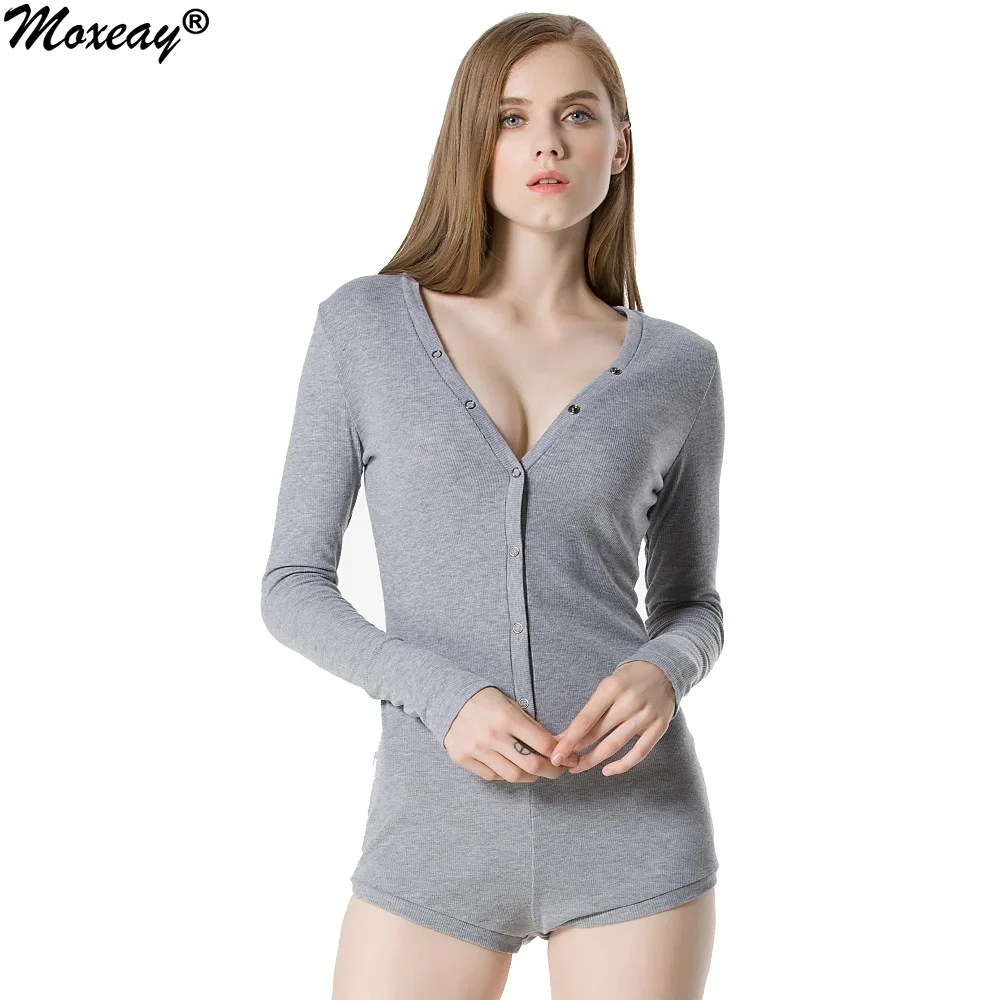 

Moxeay Gray Bodysuit V-Neck One Piece Jumpsuit Buttons Long Sleeve Autumn Rompers Leotard Tops Overalls Playsuits for Women 2018