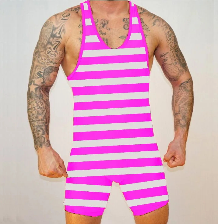 Мужской Цветной полосатый плотный костюм, мужской цельный костюм для борьбы, спортивный костюм для бодибилдинга G8021 - Цвет: Розовый