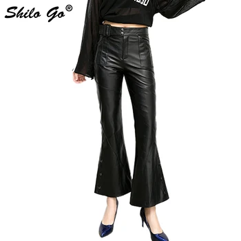 

Elegant Flare Leather Pants Women Spring Streetwear Zipper Sheepskin Geuine Leather Capris High Waist Belt Side Rivet Pants