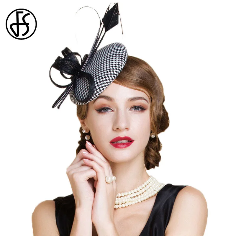 

FS Luxury White Houndstooth Fascinators Wedding Hats For Women Elegant Ladies Dress Chapeau Cocktail Tea Party Hat Church Fedora