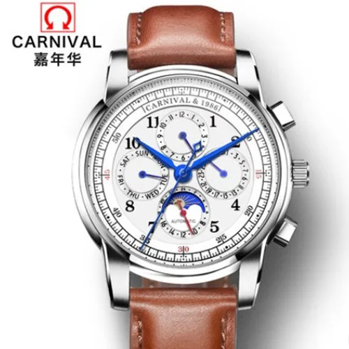 Карнавальные автоматические часы для мужчин Moon phase, многофункциональные, relogio masculino, Лидирующий бренд, роскошные механические мужские часы из натуральной кожи - Цвет: Silver white C8781br