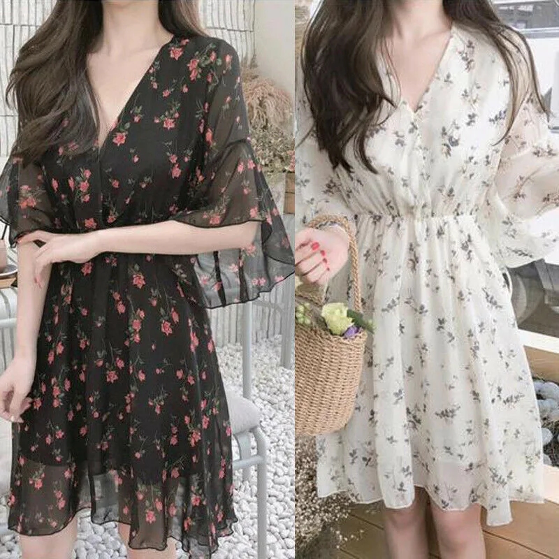 

Summer Women Boho Chiffon V-Neck Printing Short Sleeve Party Evening Beach Short Double Layer Dress Sundress