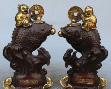 

RHS0200 9" Chinese Bronze Gilt Money Wealth Rich Lad Boy Girl Garr Ride Fish Statue Pair
