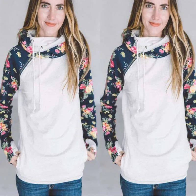 

Stylish Women clothes Long Sleeve Hooded pullover zipper Sweatshirts Pullover Floral print cotton Tops one pieces