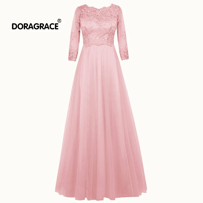 

Doragrace Elegant vestido de festa longo 3/4 Sleeve A Line Floor-Length Formal Mother Dress Wedding Party Dresses