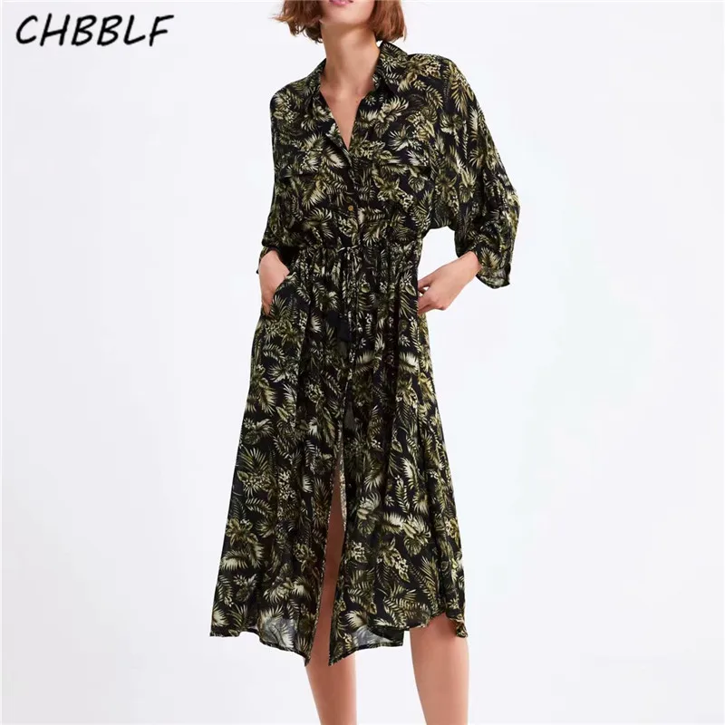 

CHBBLF women retro print shirt dress three quarter sleeve female vingtage casual loose women dress XSZ1985
