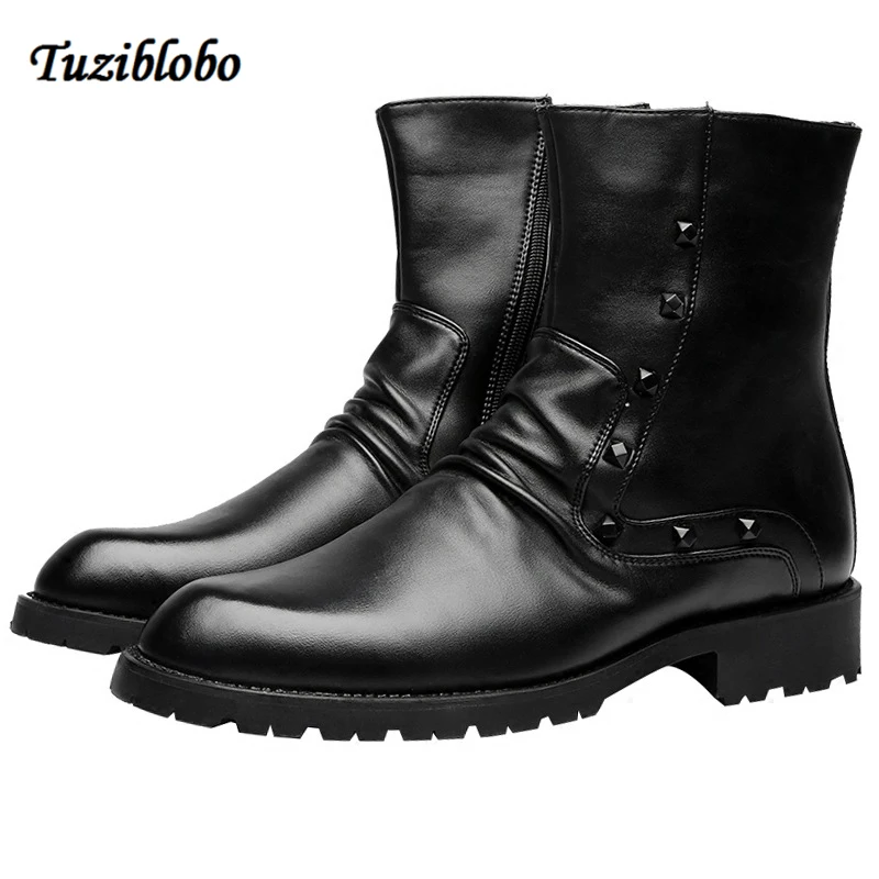 

New Fashion Men Boots Rivet Side Zipper Shoes Male Black Velvet High Top Winter Warm Men'S Boots Size 6-10
