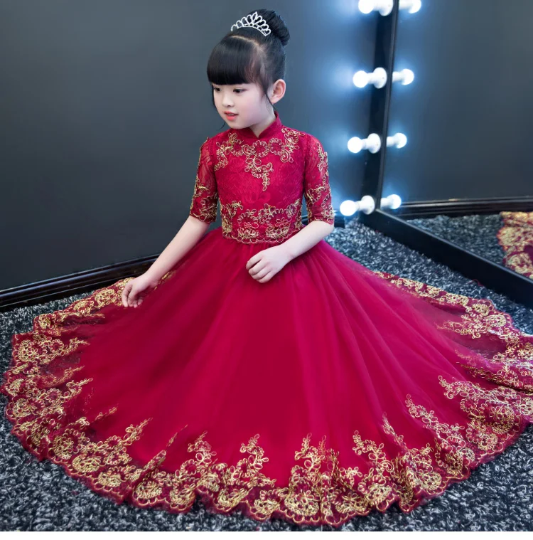 

Elegant Red Lace Flower Girl Dress Half Sleeve Party Princess Wedding Birthday Dress Kids Evening Gown First Communion Dresses
