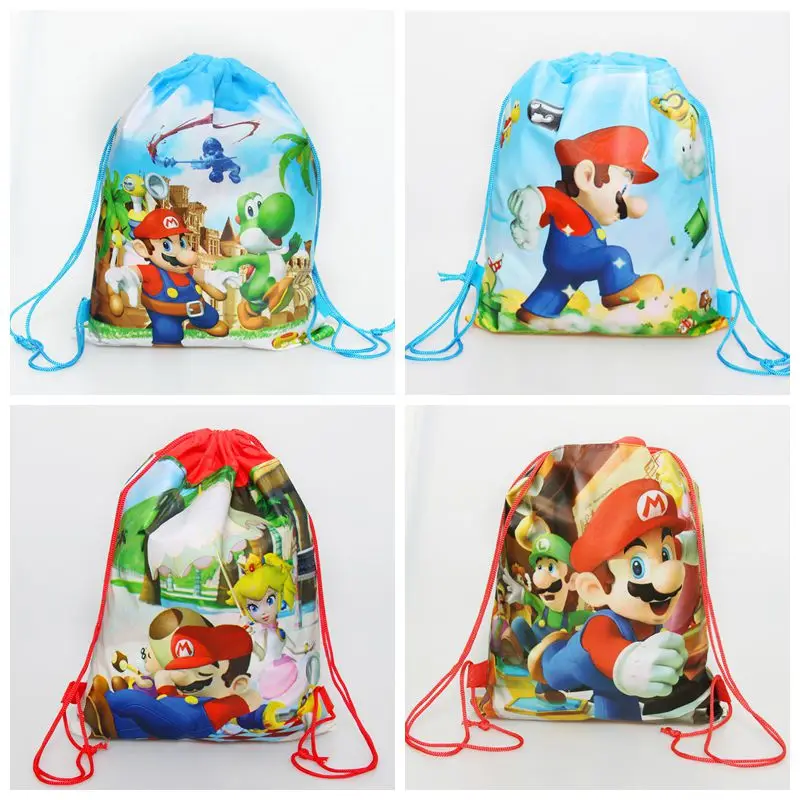 

20pcs small super mario bros theme birthday party gifts non-woven drawstring goodie bags kids favor swimming school backpacks