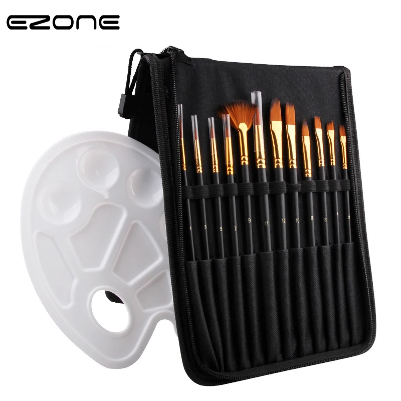 

EZONE 12 PCS Paint Brush Set+Palette+1 Bag Nylon Hair Brushrs Wood Handel For Watercolor Oil Gouache Painting Student Stationery