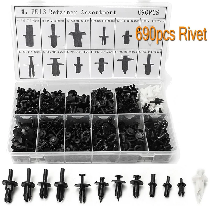 

690pcs Set Car Push Retainer Pin Plastic Plug Button Clips Rivet Trim Clip Panel Moulding Assortments Kit Black+ White