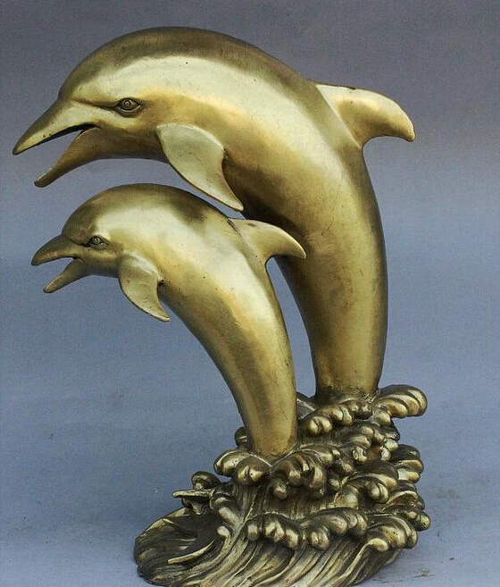 WBY 927+++Collection Chinese Fengshui Bronze Two Dolphin Lovely Live | Дом и сад
