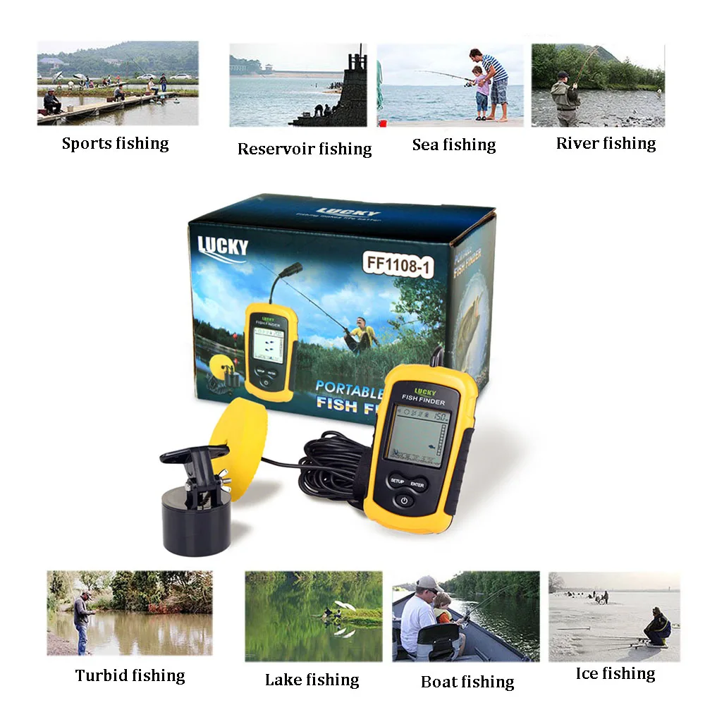  Lucky FF1108-1 Portable Fish Finder Russian manual Sonar Sounder Alarm 0.7-100M Transducer for Wint