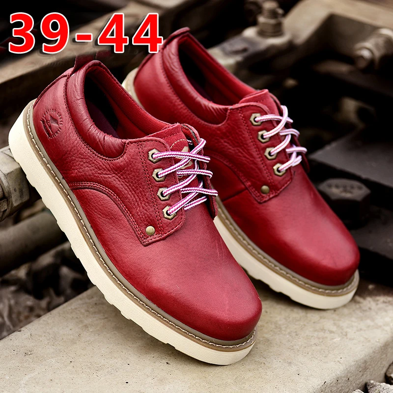 

2016 Autumn Winter Full Grain Leather Men Boots Fashion Black Casual Red Shoes Travel Leather Platform Mens Work Boots Male 3944