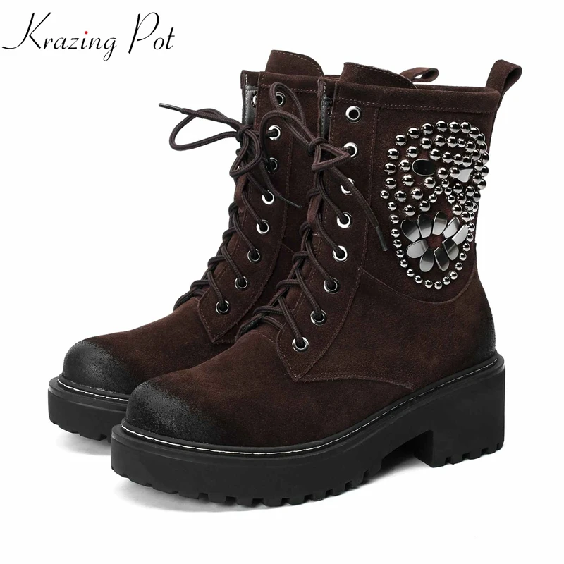 

Krazing Pot new cow suede string bead rivets decoration motorcycle handmade lace up high heels round toe Chelsea ankle boots L08