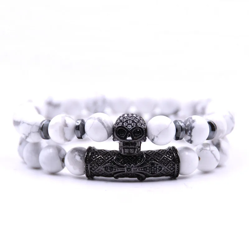 KANGKANG 2Pcs/Set 2019 5 color 8mm stone Bracelet Pave CZ black skull Bracelets for Men&ampWomen Jewelry Creative gift | Украшения и