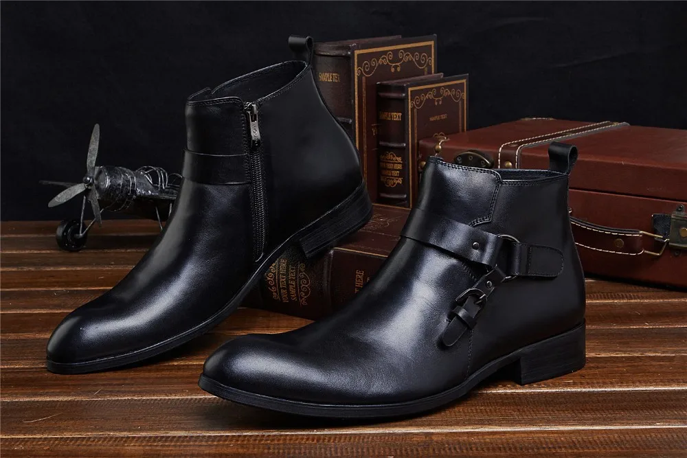 Мужские Ботильоны черного/коричневого цвета; модельные туфли; Мужские ботинки в деловом стиле из натуральной кожи с пряжкой; Большие европейские размеры 45