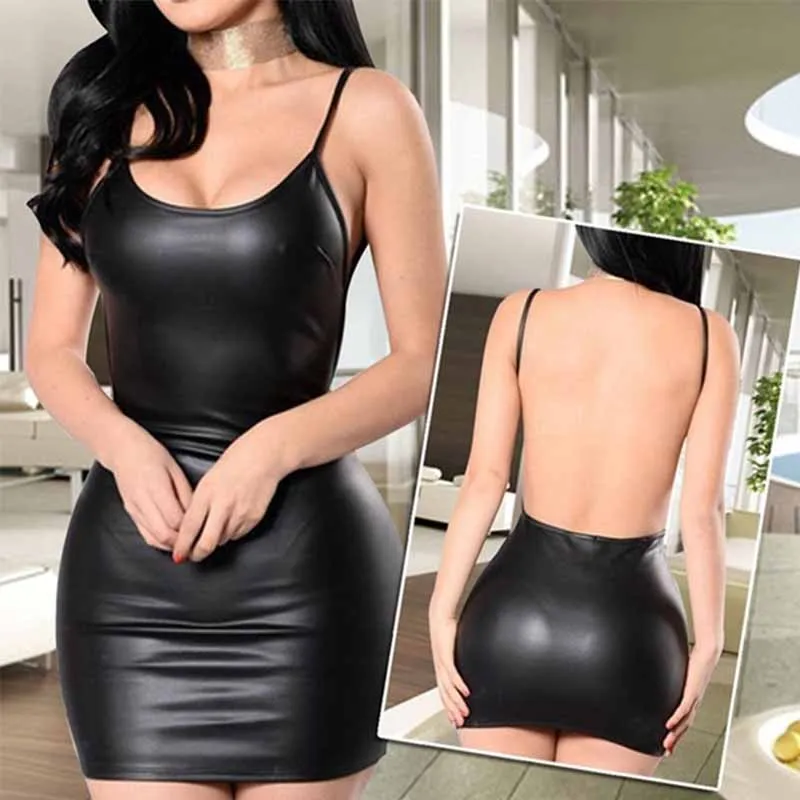 Sexy Backless Black Faux Leather Dress Women Spaghetti Strap Summer Clubwear Outfit Party Short Mini Hip Wrapped Bodycon Dress (11)