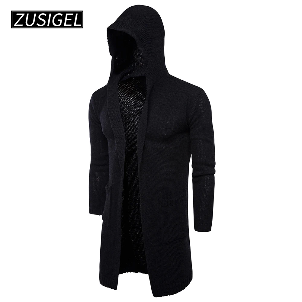 

ZUSIGEL Men's Long Cardigan Hooded Knit Slim Fit Open Front Longline Cardigans with Pockets