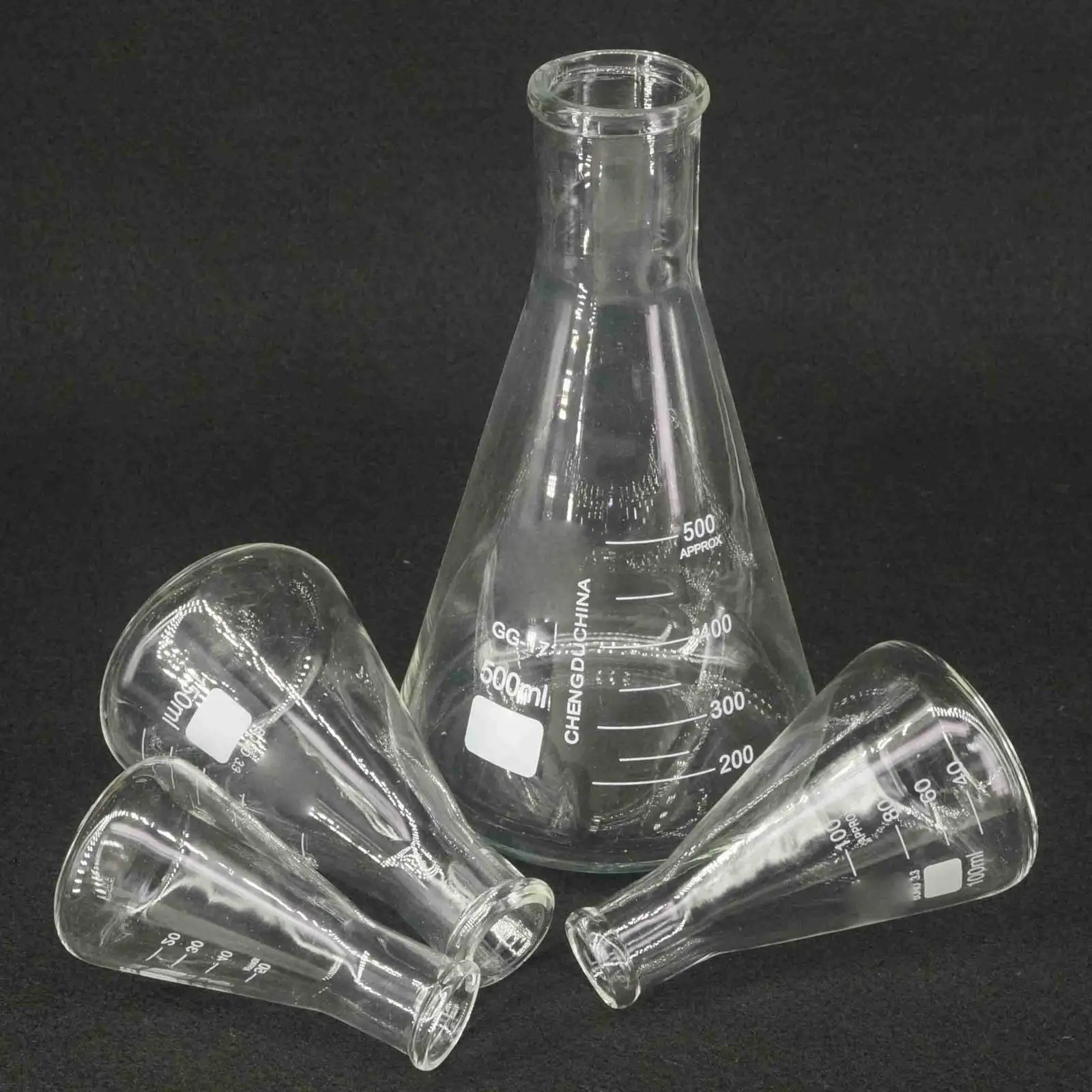 Стеклянная коническая фляжка Erlenmeyer 50/100/150/200/250/300/500/1000/2000/3000/5000 мл лабораторные