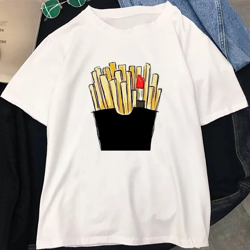 

Women 2019 Summer Camiseta Mujer Graphic Tee Shirt Femme Lipstick French Fries Harajuku T Shirt Korean Tops Kawaii Streetwear