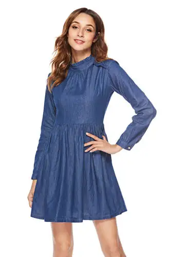 Zqlz Spring Autumn Denim Dress Women Turtleneck Long Sleeve Solid Slim A-line Jeans Dresses Casual Robe Femme Vestidos