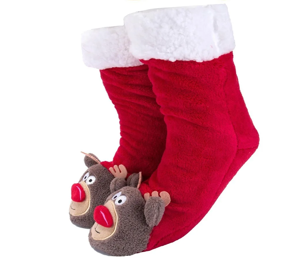Новинка; рождественские носки с объемным рисунком животных; длинные носки-тапочки; домашние тапочки; женские зимние теплые пушистые Нескользящие домашние тапочки - Цвет: red 1