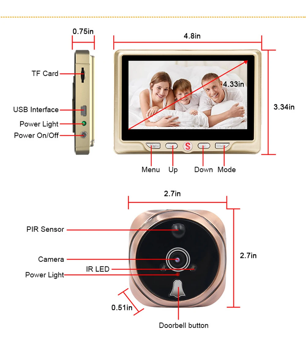 4,3 "ЖК-экран видео-глаз дверной зритель ИК ночного видения Визуальный дверной глазок камера фото/видео цифровой дверной звонок камера